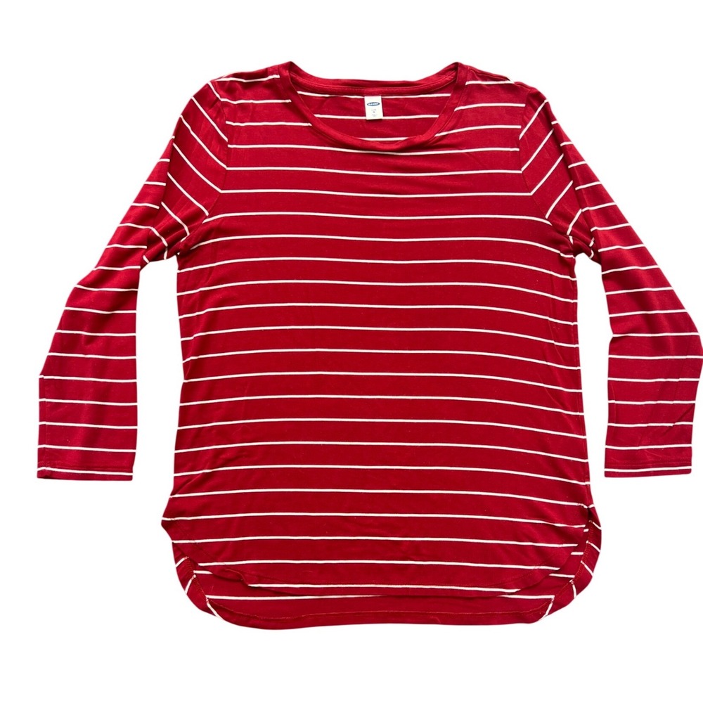 Old Navy Luxe Striped T-Shirt Womens Medium Red White Long Sleeve Curved Hem Tee